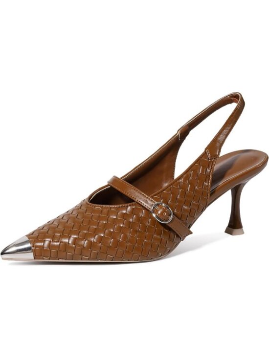 Shoes - Women Pumps Stiletto Heels Metal Closed Pointed Toe Buckle Strap Shoes Brown